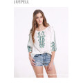 Summer New Women Strap Pleated Sleeve Shirt Embroidered Retro Big Yards Loose Shirt T-Shirt Blouse